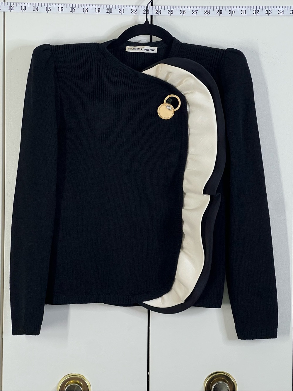 Vintage St John Couture Black Santana Knit Ruffle Jacket Blazer Gold Logo Button